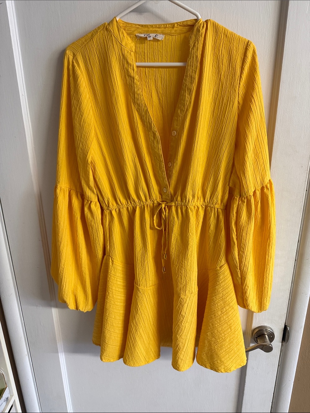 Blush Yellow Crinkle Peasant Tie-Waist Tunic